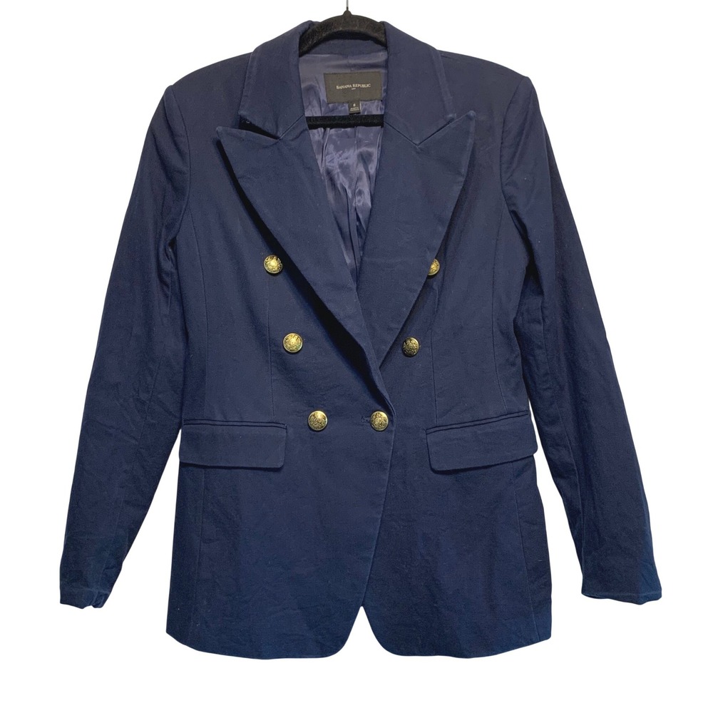Banana Republic Blazer 8 Navy Blue Double Breasted Gold Crest Button Jacket Prep